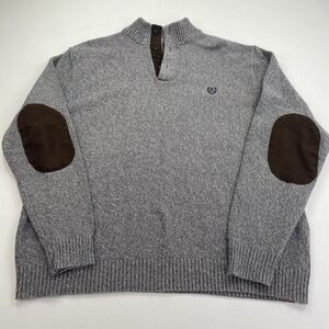 Chaps Ralph Lauren Sweater XL Gray 1/4 Button Henley Elbow Patches Knit